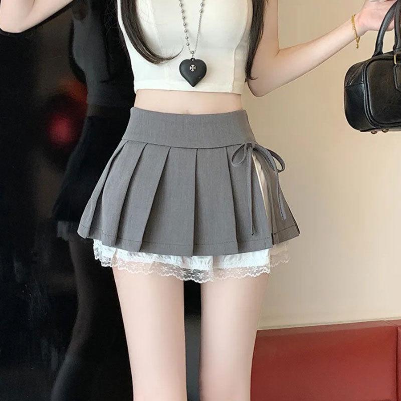Women's Gray Lace Trim Pleated High Waist A-line Skirt - Autumn Petite, Slimming, Fluffy, Short
