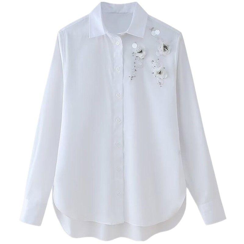 

Western Style 2024 Summer New Women s Long Sleeve Asymmetric Hem Flowers and Jewelry Decoration Shirts 4786132 White L