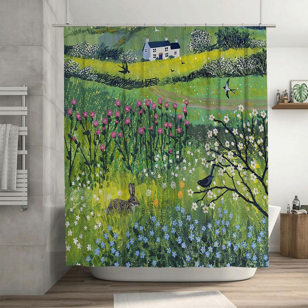 Floral Rabbit Deer Forest Landscape Shower Curtain Vintage Nature Botanical Backdrop Rustic Farmhouse Bathroom Decor