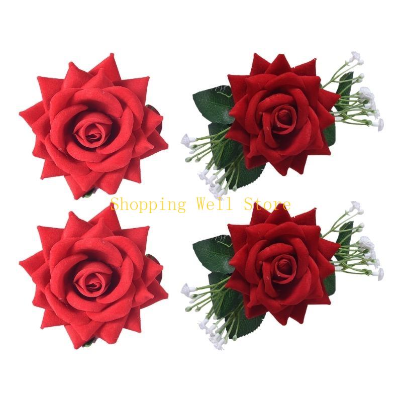 KX4B Florals Curtain Tiebacks Clasps 4 Pack Artificial Rose Flower Drapery Holdbacks Clips Window Drapes Holders Clamp