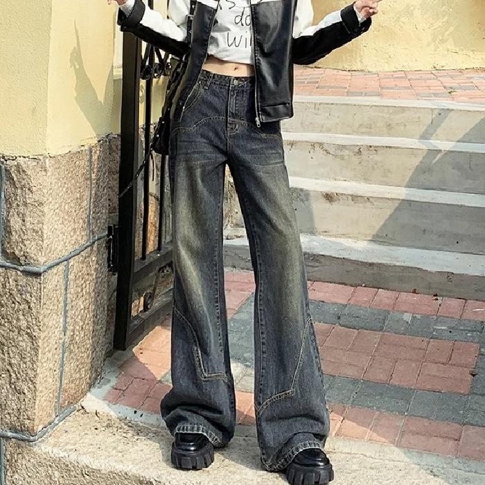 Cement Grey Retro Wide-Leg Micro Flare High-Waist Jeans for Women - Trendy Slimming Loose Fit, Spring/Autumn