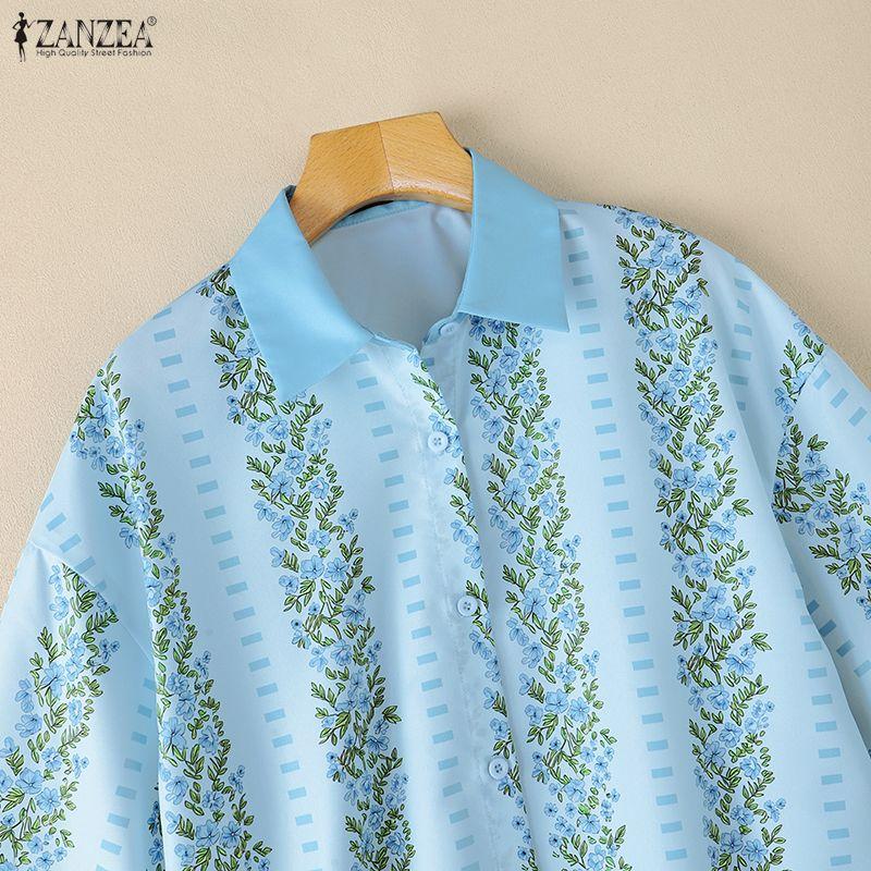 ZANZEA Women Casual Turn Down Collar Loose Half Sleeve Print Blouse