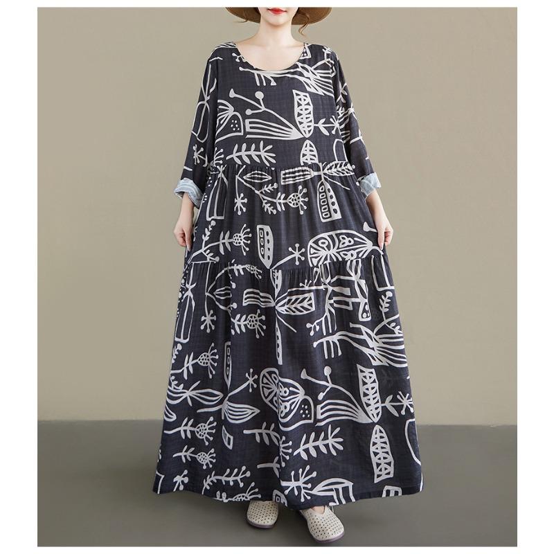 DIMANAF New 2026 Women Plus Size Spring Summer Beach Long Dress Print Black Maxi Long Sleeve Vintage Lady Loose Oversize