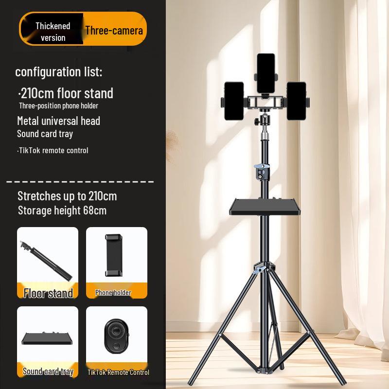 Dual-Position Carbon Steel Phone Stand with Fill Light for Outdoor Streaming