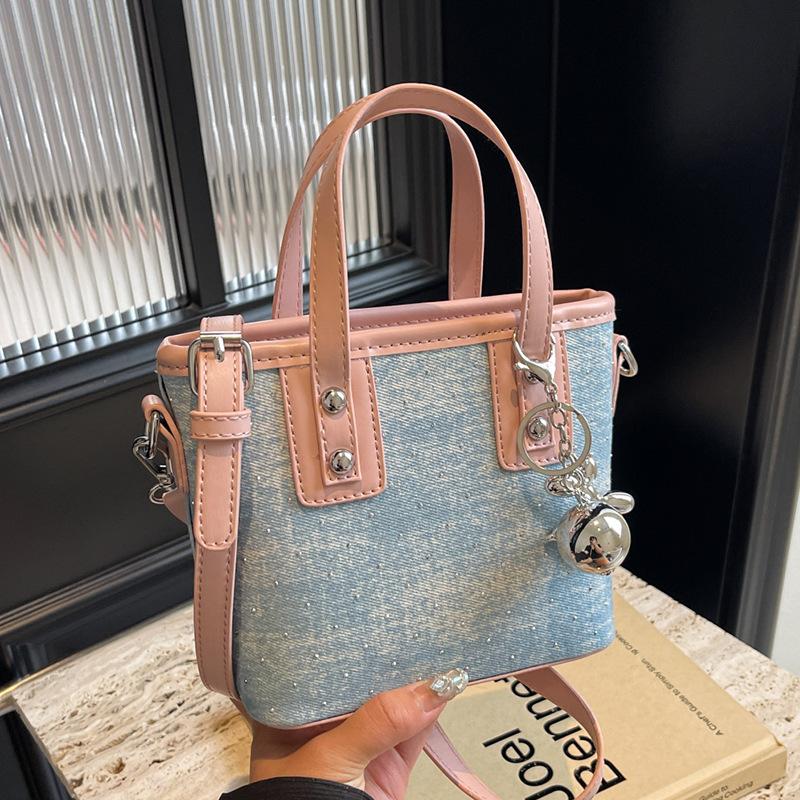 Popular Niche Casual Contrasting Denim Portable Bucket Bag Commuting Versatile Personalized Texture Messenger Women's Bag