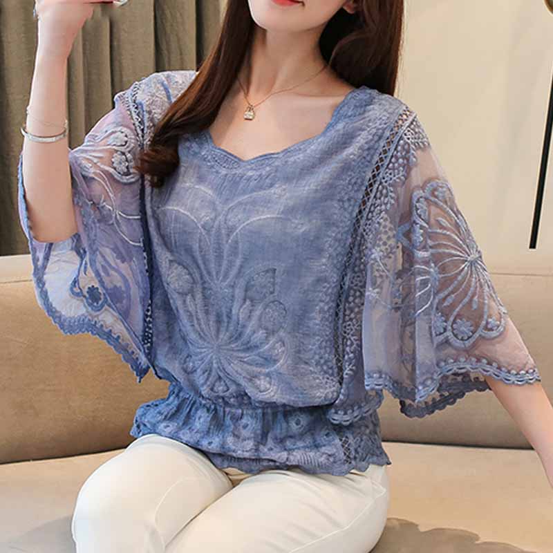 Elegant Butterfly Half Sleeve Lace Blouse Flower Shirt Fashion Women Sweet Summer Cotton Tops O Neck Loose Shirt Blusas 4073 50