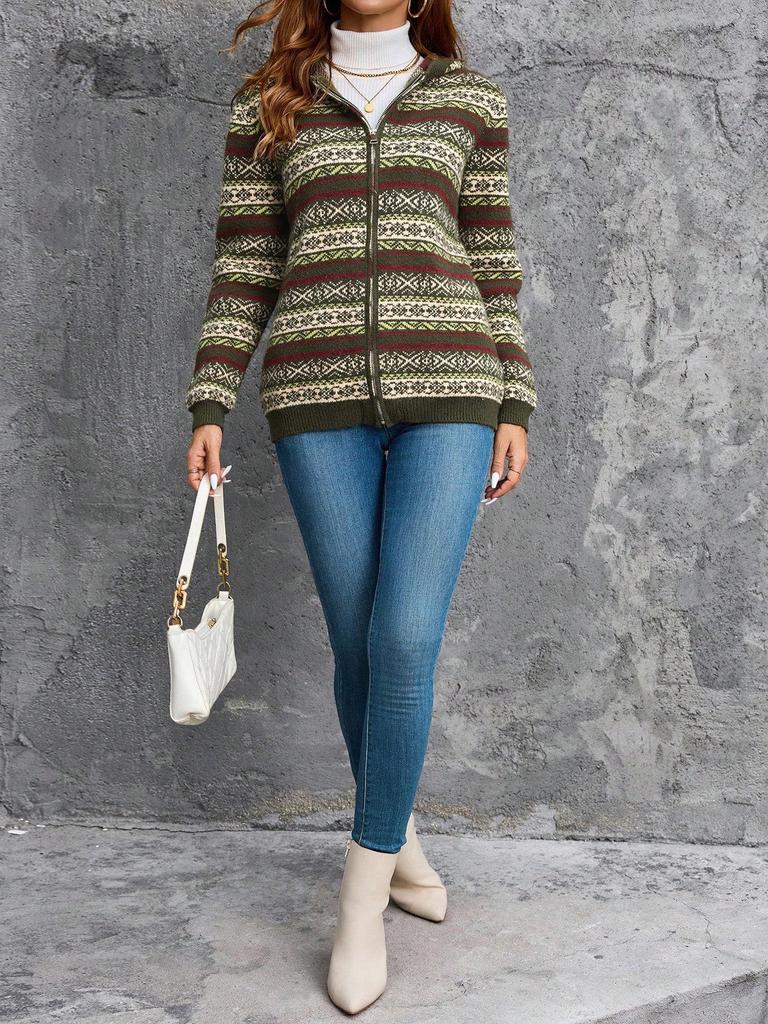 Women's Classic Striped Zipper Hooded Cardigan - Autumn/Winter Cozy Sweater Coat