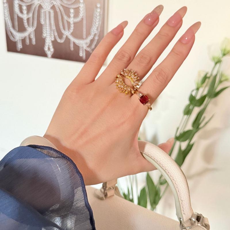 Women s Italian Buchi Red Corundum Inlaid Ring: French Retro Diamond Fireworks Stacking Style Adjustable Open Size