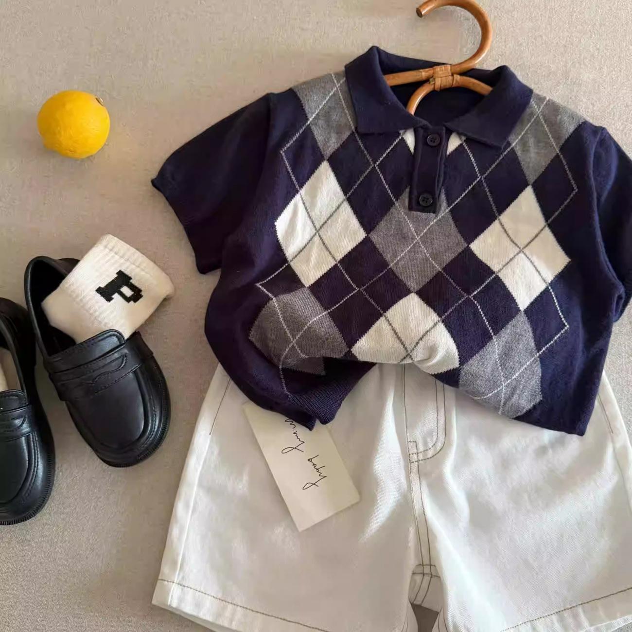 Kids Retro Checkered Short Sleeve Polo Shirt Knit Collared Tee for Boys and Girls 90 тёмно-синий
