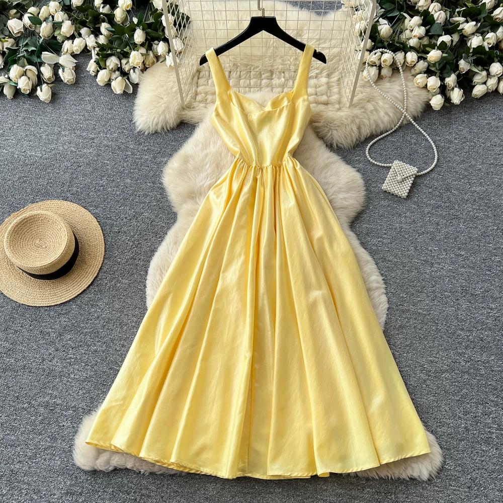 Women's Elegant White Satin Long Dresses Wedding Guest Cocktail Evening Party Dress Square Neck Sleeveless Slim Long Dress
