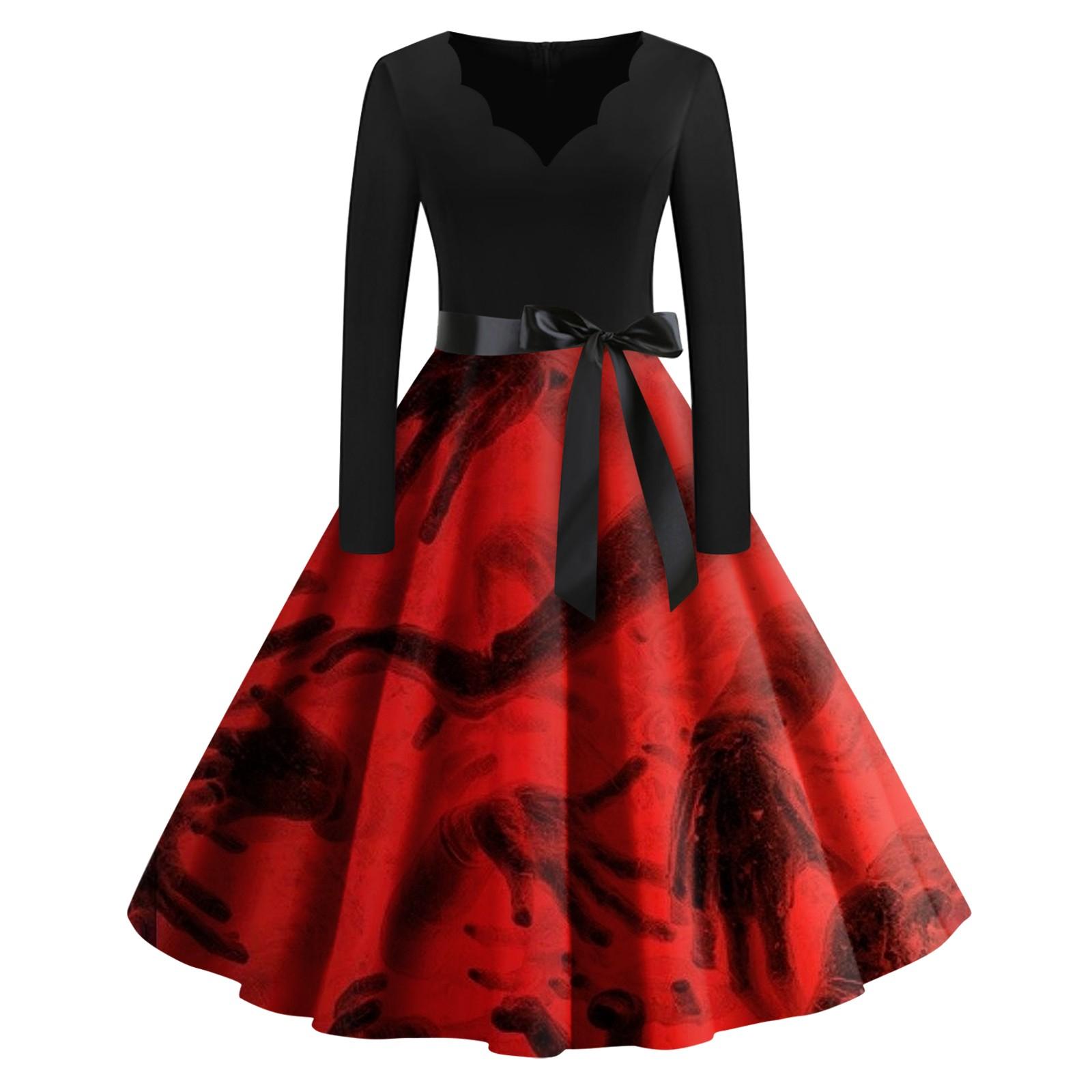 

Женское винтажное классическое платье с вырезом на талии и галстуком-бабочкой с длинными рукавами на Хэллоуин с принтом и V-образным вырезом, свободное платье M красный