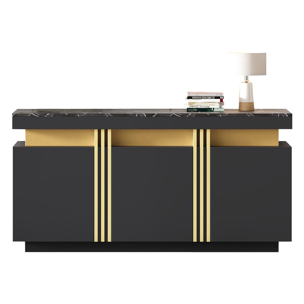 140*38*70cm Modern Black Sideboard Display, 3 Doors, Dining Cabinet with Adjustable Partitions, Wide Handle-free Compartments