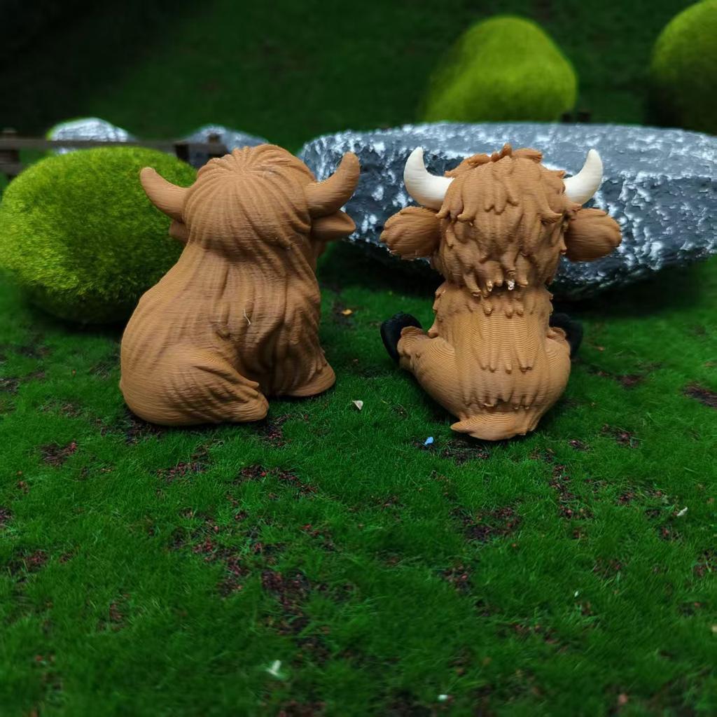 3D Printed Highland Cow Mini Figurine Desktop Micro Landscape Car Mounted Bonsai Decor Home Office Tabletop Animal Ornament Gift