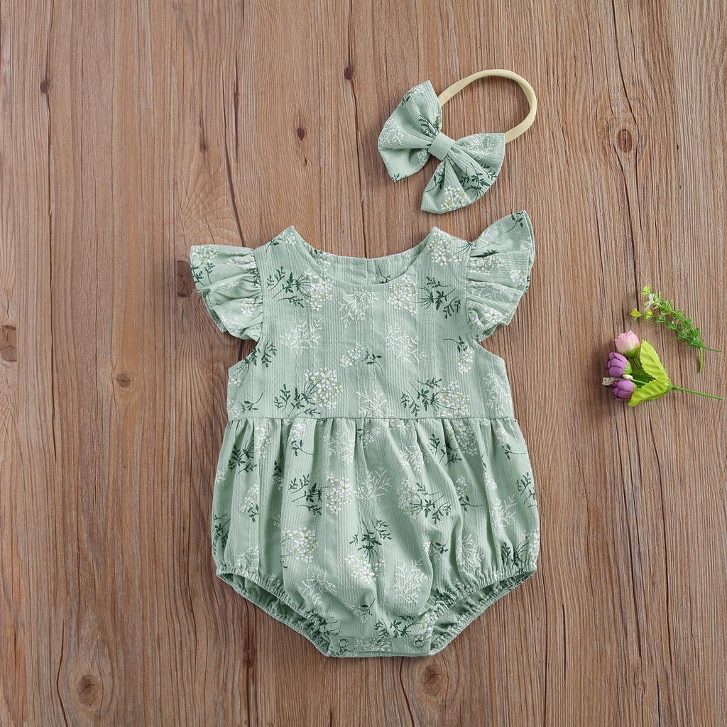 Newborn Infant Baby Girls Romper Cotton Fly Sleeve Floral printed Jumpsuit With Headband Toddler Soft Clothes Outfits