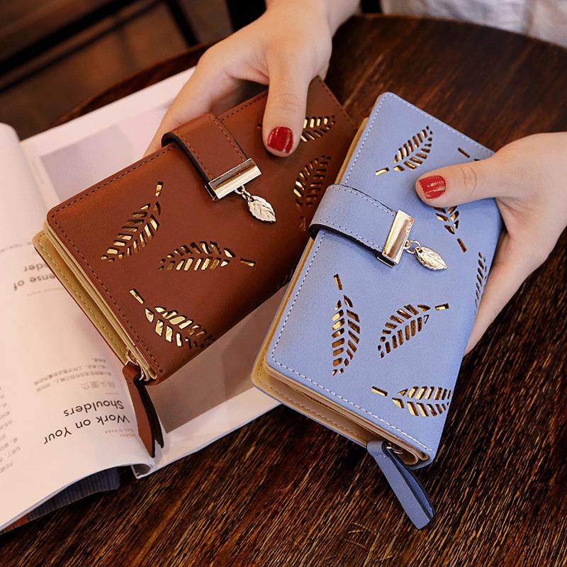 Gold Hollow Leaves Long Wallet, Buckle Decor Foldable Handbag, Women'S PU Leather Clutch Purse