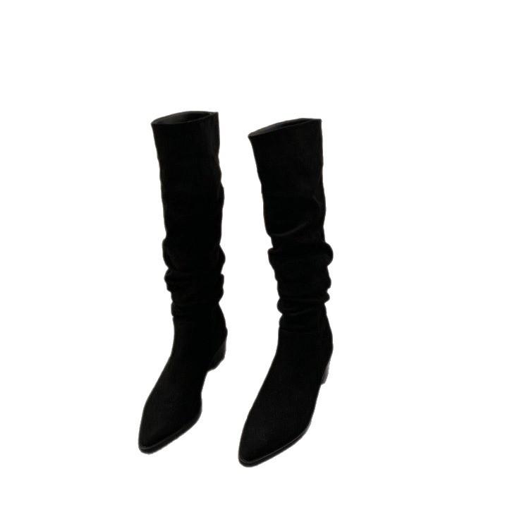 High-heeled Suede Western Medium Boots Women's Shoes New Autumn and Winter Velvet Pointed Pile Long Tube Knight Boots