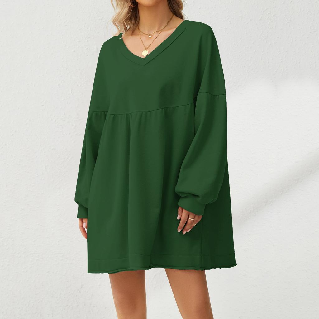 Women's Fashion Casual Large Solid Color Sweatshirt V-Neck Long Sleeve Loose Dress
