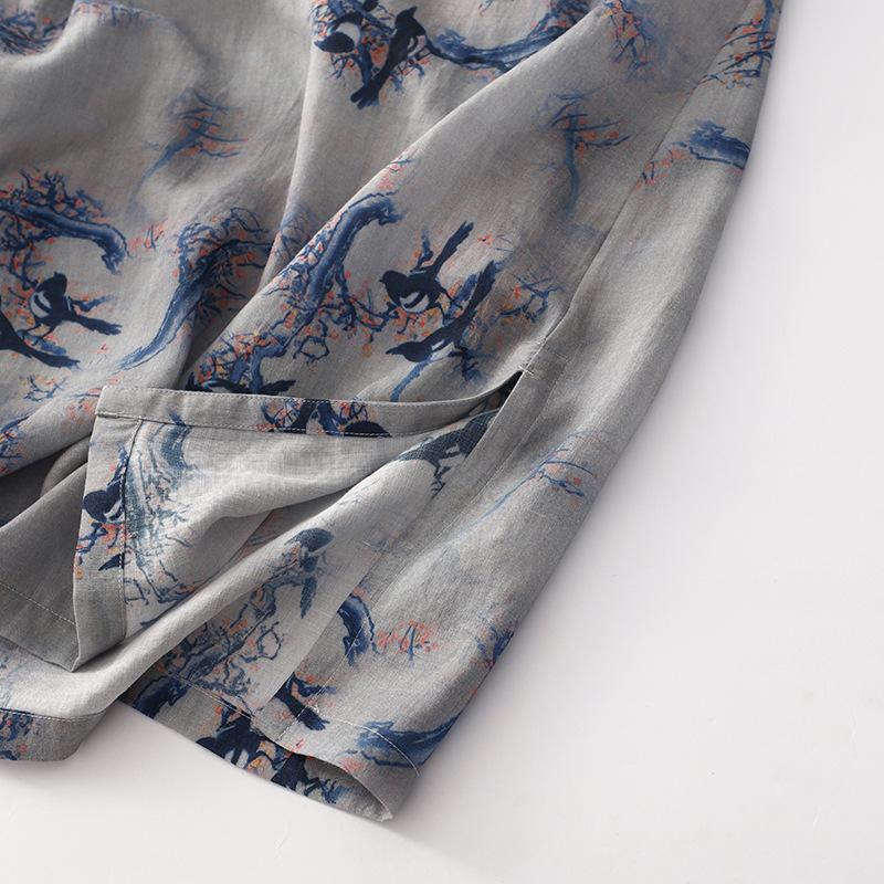 2025 Summer New Printed Cotton and Linen Long Dress Children's Retro Loose and Thin V-neck Seven-quarter Sleeve Dress