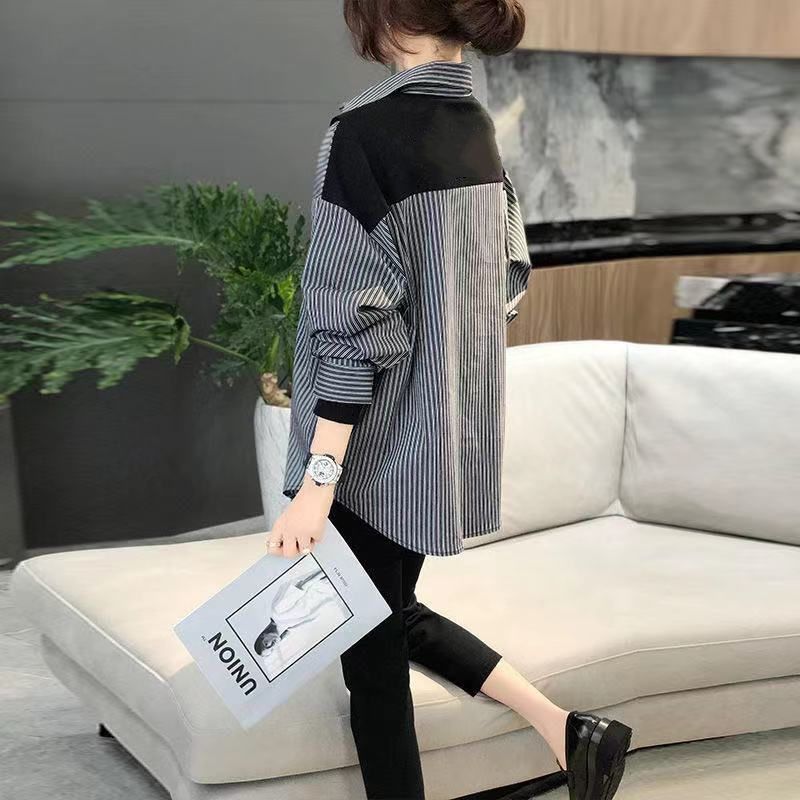 Women's Black and Gray Striped Top Shirt Fashionable and Versatile Style Design
