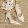 Fashion High Heels Women's New Pearl Lace High Heels Womens Thin Heels Pointed Bridesmaids Solid Color Large Size Wedding Shoes
