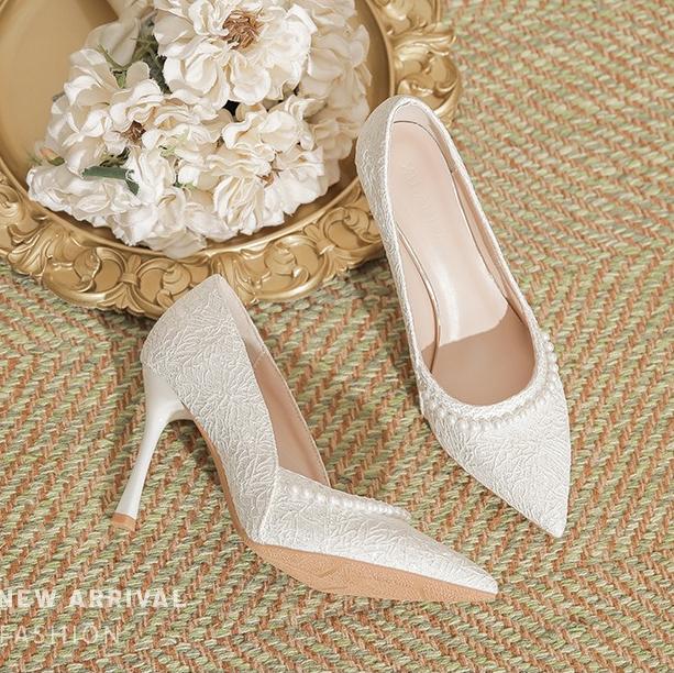 Fashion High Heels Women's New Pearl Lace High Heels Womens Thin Heels Pointed Bridesmaids Solid Color Large Size Wedding Shoes