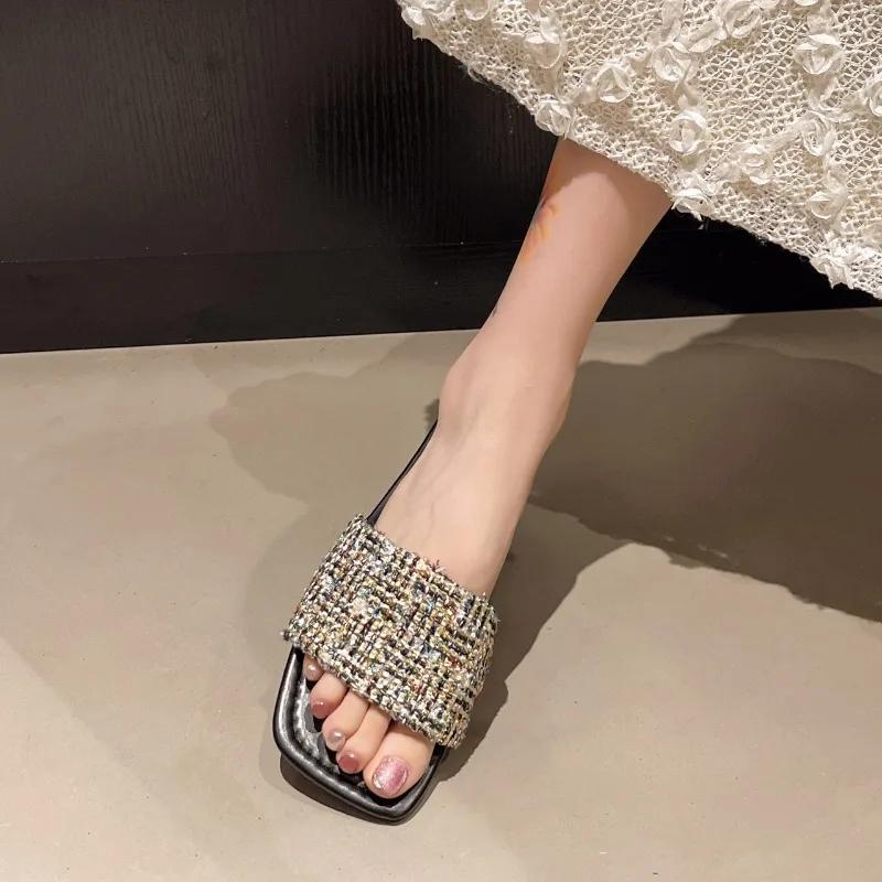 Flache Hausschuhe Damen Neu Sommer Quadratischer Zehenbereich Gewebt Strandurlaub Strandschuhe Rutschfest Offene Zehenpartie Große Größen Damenschuhe