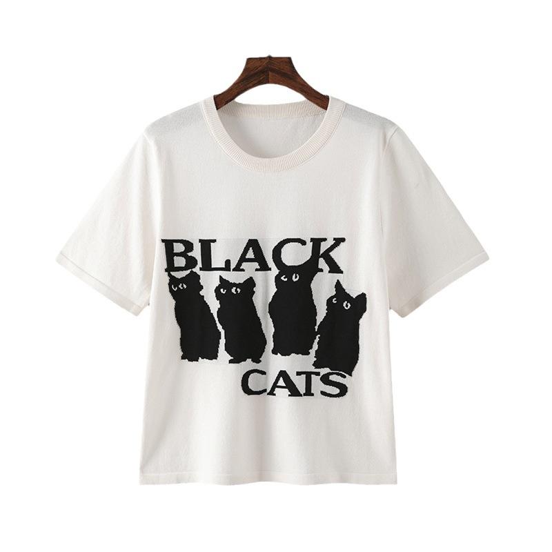 Sommer Damen T-Shirt Plus Size Rundhals Jacquard Katze Lose Kurzarm Tops