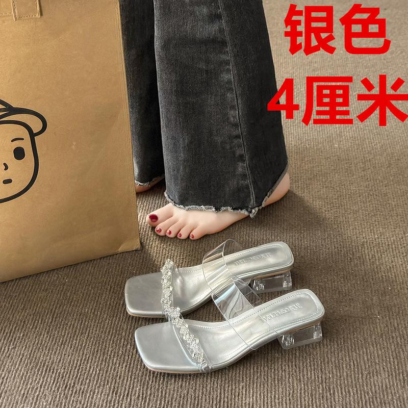 2025 This summer's new outer wear slippers female rhinestones fairy style with skirt thick heel transparent crystal and sandals