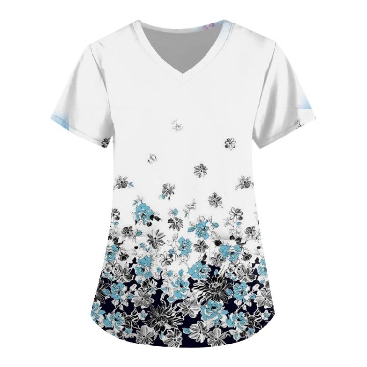 

V Neck Short Sleeve Blouse Women Floral Print Work Uniform Top with Pocket M