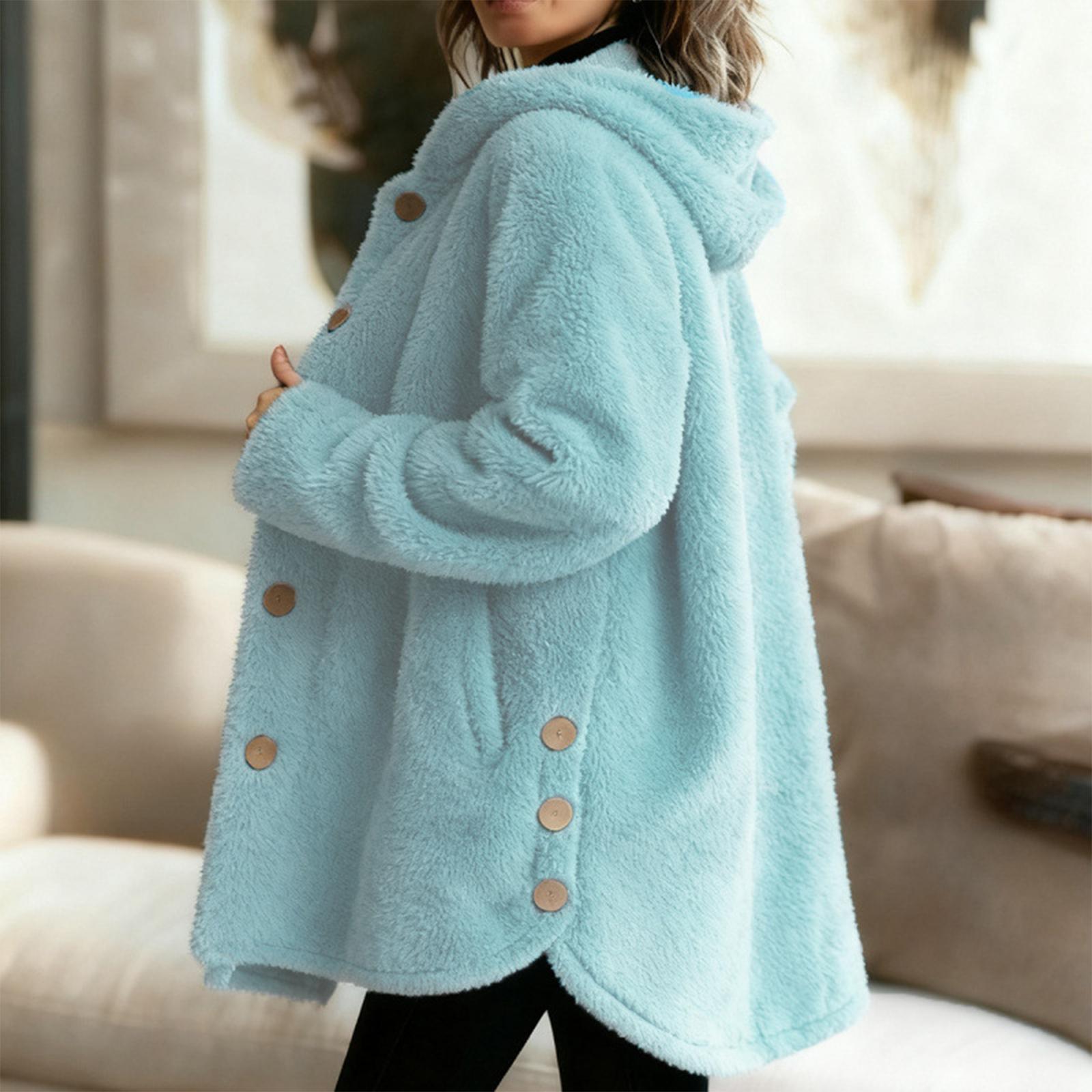 

Женская модная пушистая цветная куртка с капюшоном, длинными рукавами, карманами на пуговицах, свободного кроя, теплая L