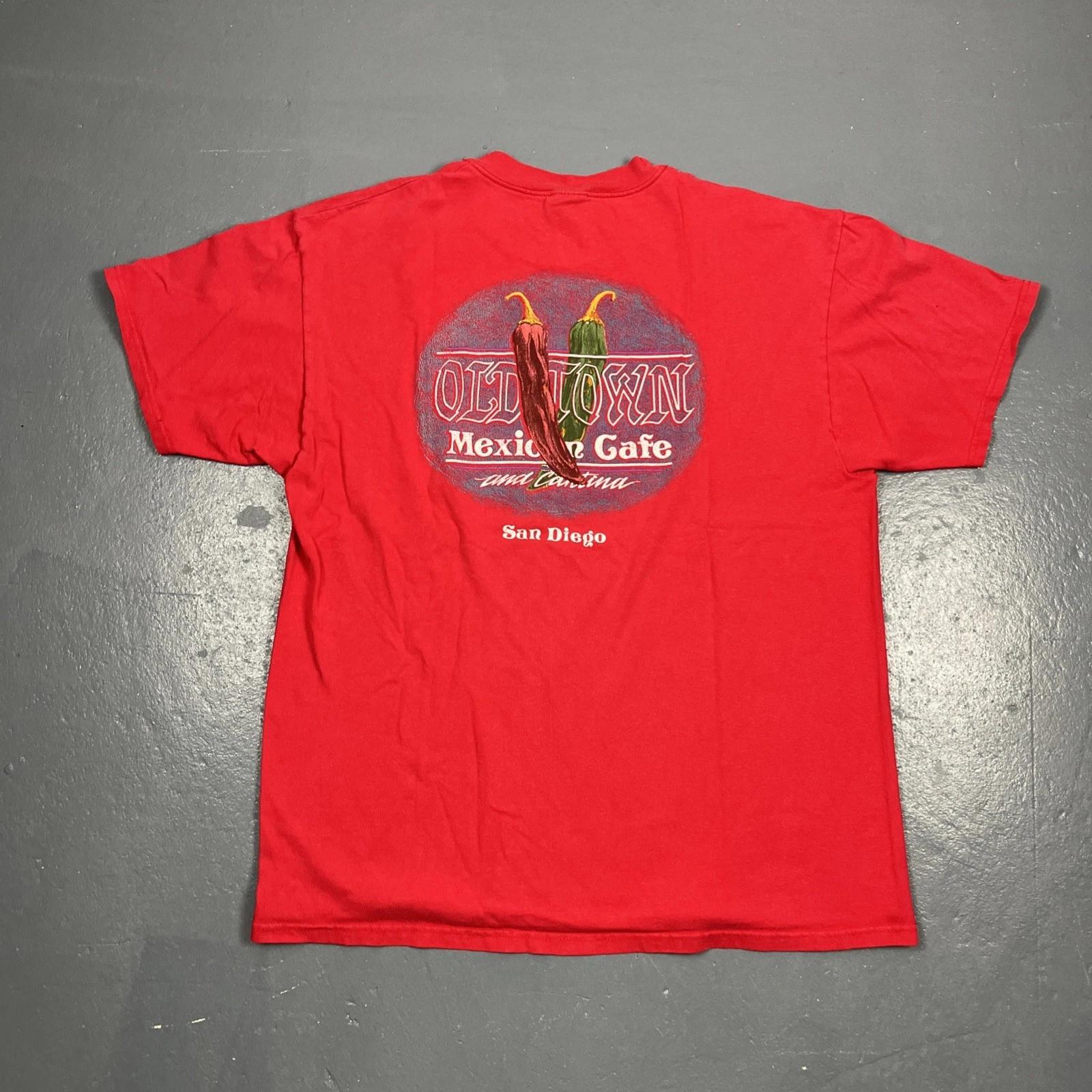 

Vintage 90s Old Towne Mexican Cafe San Diego Graphic Tshirt Red XL Dbl Sided VTG L