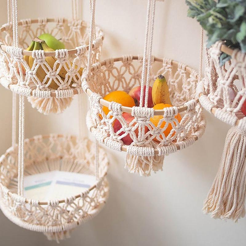 Hand-Woven Cotton Rope Mesh Basket for Kitchen, Fruit, Flowers, Vegetables, and Bohemian Décor.