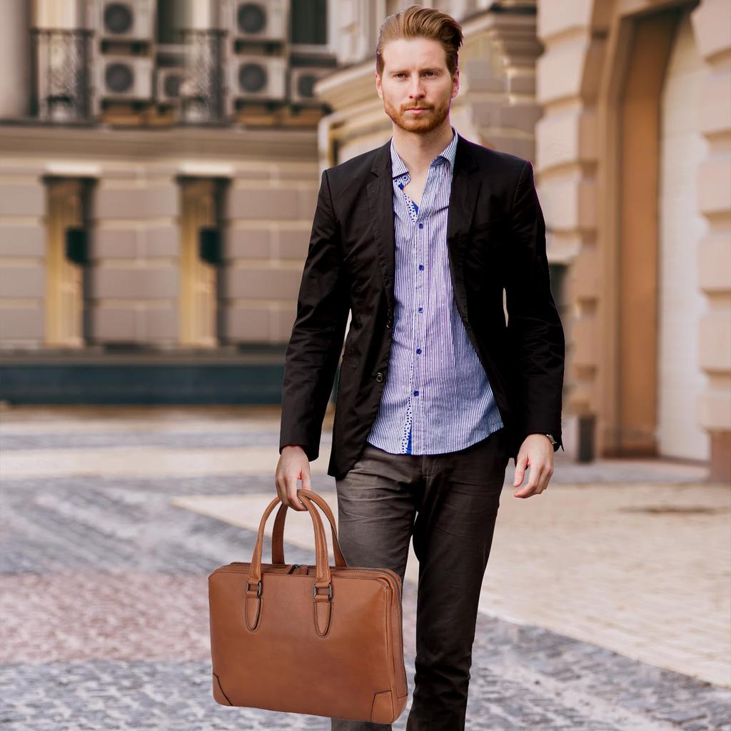 Vannus Men's Genuine Leather Briefcase, Business Attache Case, Fits A4 Size and 14-inch Laptops, Freestanding, Brown
