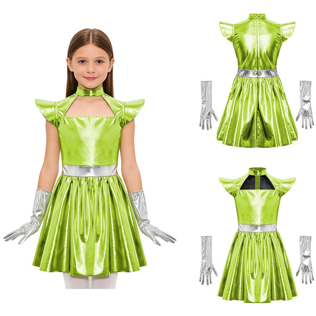 Kinderen Meisjes Buitenaards Cosplay Kostuum Uitgesneden Vliegende Mouw Metallic A-lijn Jurk met Handschoenen voor Halloween Robot Buitenruimte Feest
