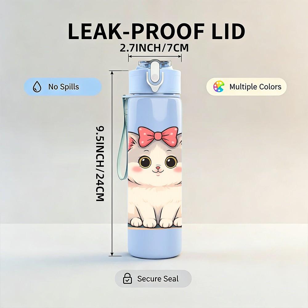 1PC White Cat Flower Bow 750ml Color Plastic Sports Water Bottle Leakproof Flip Straw Lid Suitable for Sports Office Home Use