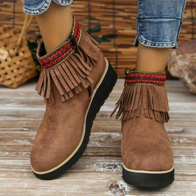 Autunno e Inverno Nuovi Stivali con Frange Moda Donna Plateau Zeppina Piccola Stivaletti in Camoscio Opaco a Punta Rotonda