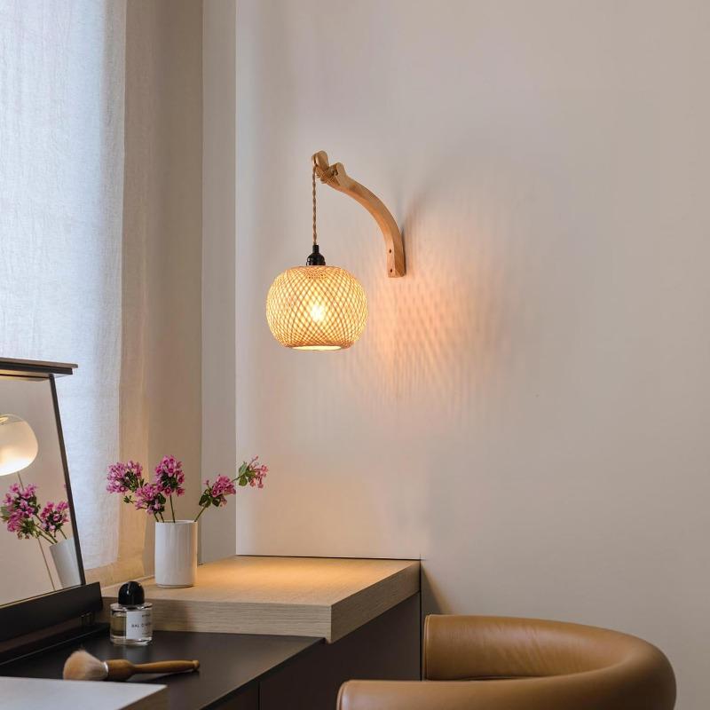 Bamboo Lantern Plug In Wall Sconces Wicker Woven Rattan Wall Light Farmhouse Rustic Wall Sconces for Living Room Bedroom