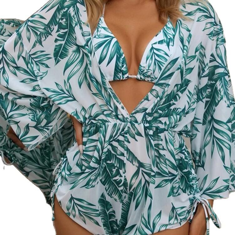 Fashionable Deep V Neck Long Sleeve Tulle Cover Up With Printed Halter Neck Tie Side Bikini 3 Piece Beach Vacation Swimwear Set