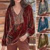 Women Blouse Vintage Print V Neck Long Sleeve Elastic Cuff Streetwear Spring Autumn Loose Velvet T-shirt Pullover Women Clothes