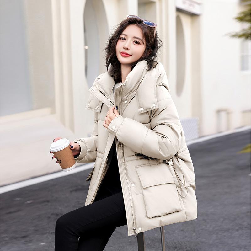 Women's Hooded Drawstring Waist Puffer Jacket with Pockets Solid Color Winter Coat