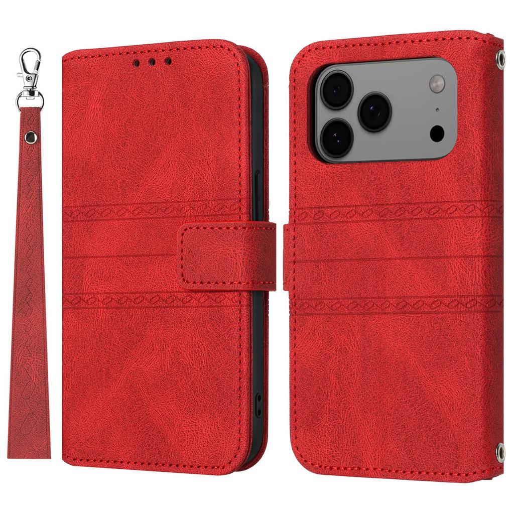 For iPhone 17 Pro Max Case Wallet Skin-Touch Leather Imprinted Phone Cover with Wrist Strap