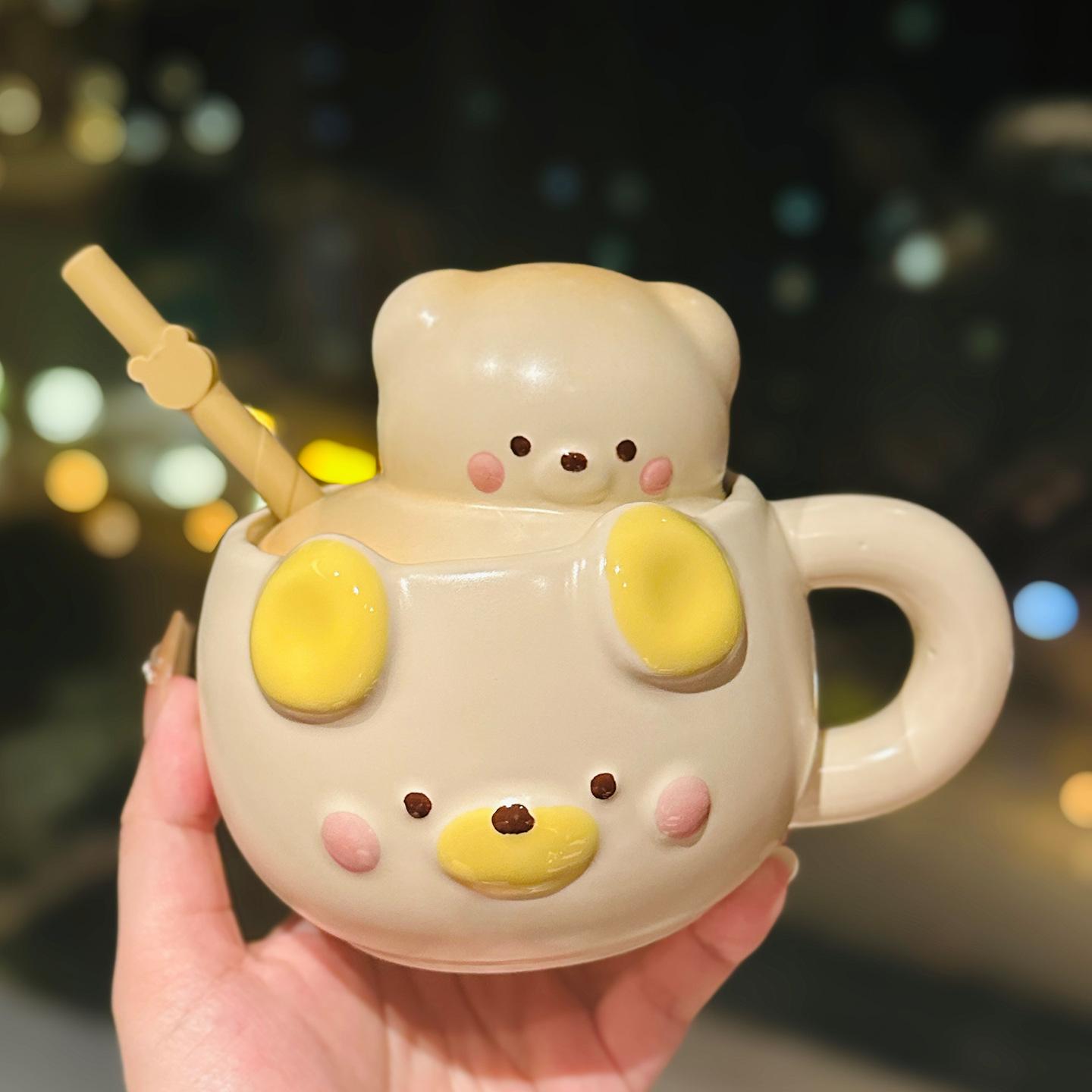 Cartoon Bear Cub Sticker Cup With Lid Household Ceramic Breakfast Milk Oat Cup Cute Bear Straw Cup Souvenir 420ml