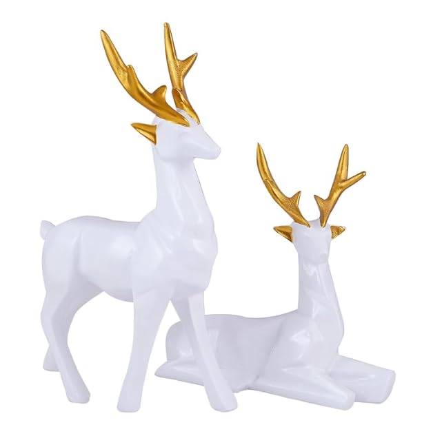Deer Resin Showpieces For Home Décor, Hiran Statue, White & Gold - 8.5 Inch