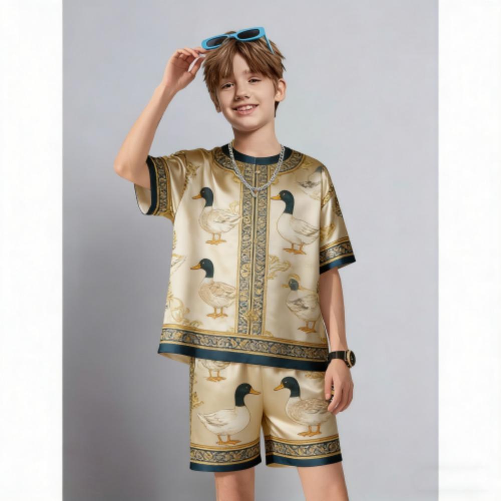 Summer Kids Set Fun Animal Duck Printed Kids T-shirt and Shorts 2 Piece Set Summer Casual Outdoor Boys and Girls Outfit Kids Clothing