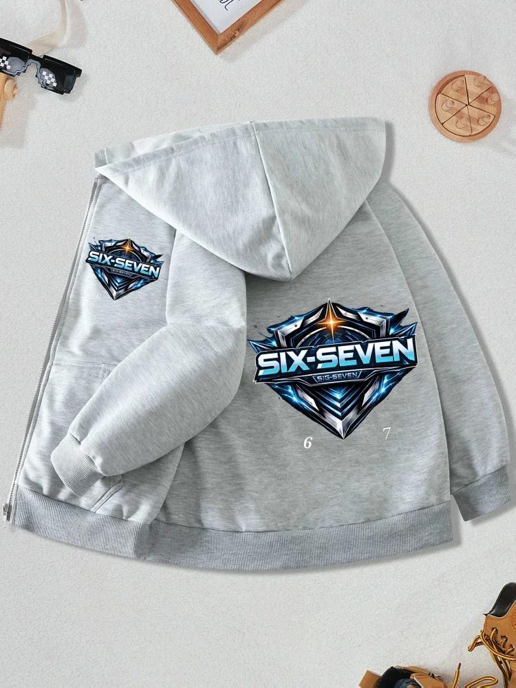 Giacca con Cappuccio e Zip per Bambini Sei Sette Scudo Metallico Logo Stella Grafica Manica Lunga Capo d'Abbigliamento Casual per Ragazzi Ragazze