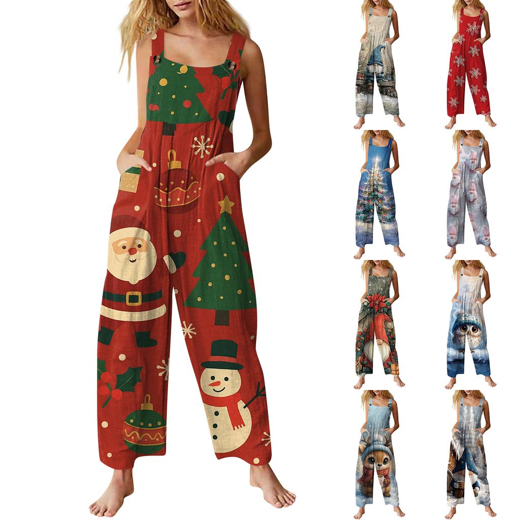 Women's Casual Jumpsuit Sleeveless Christmas Printed Cotton Jumpsuit