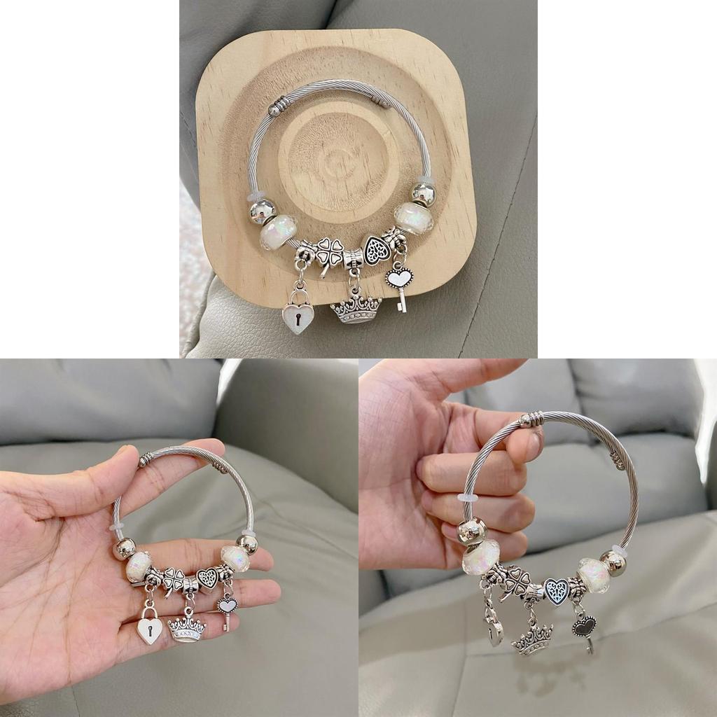 No Ip Stainless Steel Heart Crown Bracelet With Fluorescent Beads For Girls And Teens