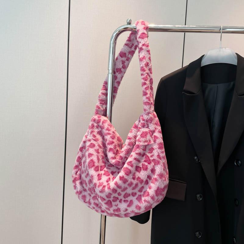 Large Capacity Leopard Women Shoulder Bags Faux Fur Messenger Bag Ladies Plush Hobos Crossbody Vintage Fashi Female Handbags