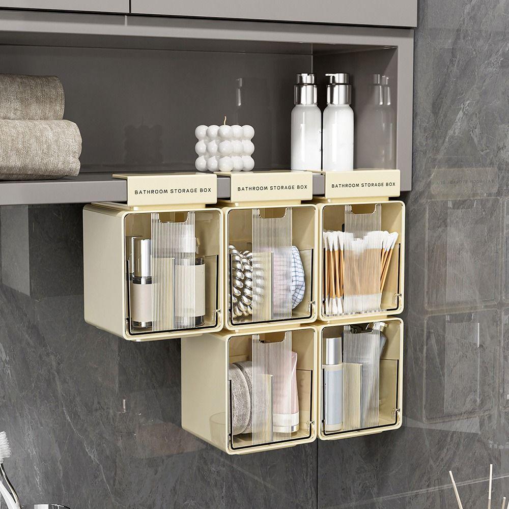 Compartmentalized Cosmetic Storage Box Yellow White Plastic Sorting Storage Box Hanging Design No-drill Pull-Out Storage Drawer