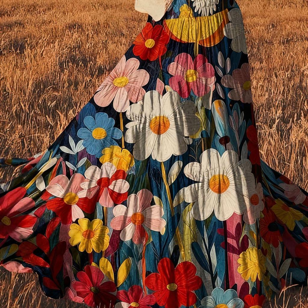 European & American Women's Floral Bohemian Half Skirt with Wide Hem & Elastic Waist